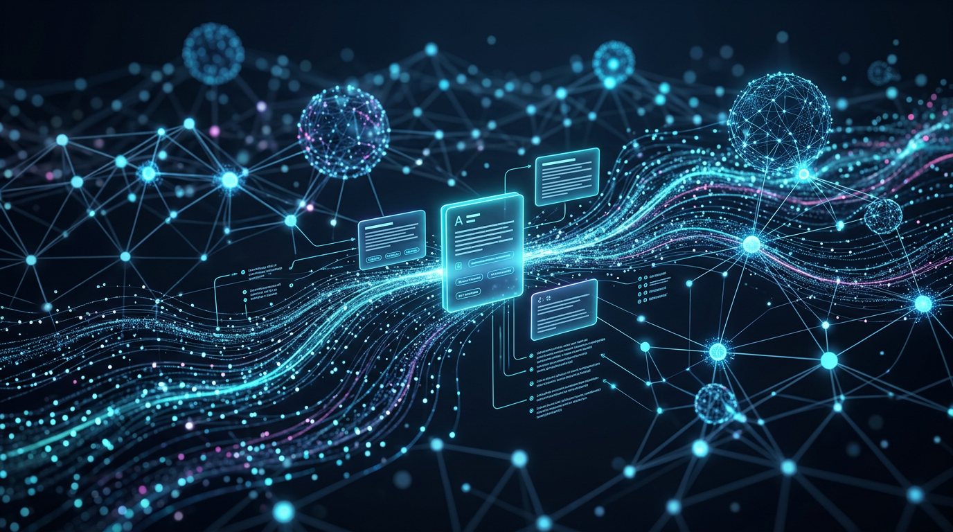 Abstrakte Visualisierung einer KI-SEO-Agentur mit Datenströmen, Entitäten und zitierfähigen Antwortkarten