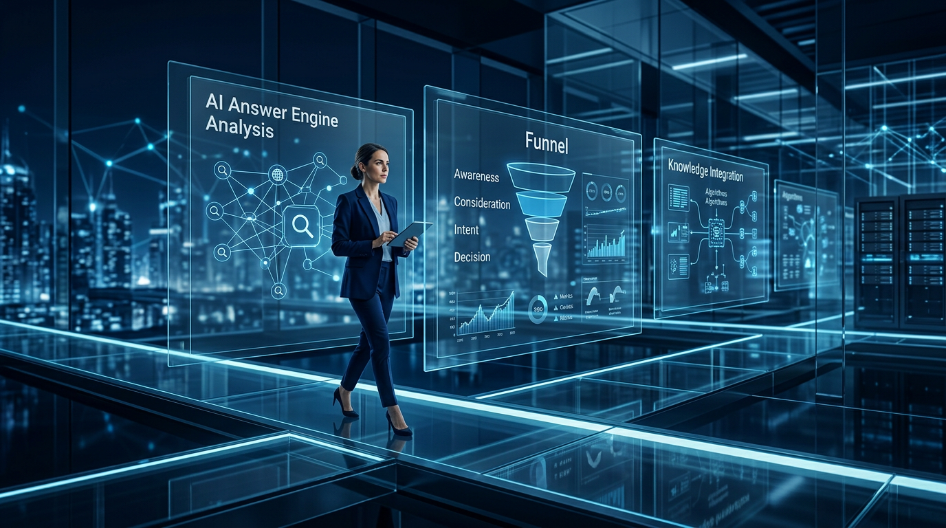B2B-KI-SEO mit Buyer-Journey, Analyse-Panels und AI Answer Engine Visualisierung
