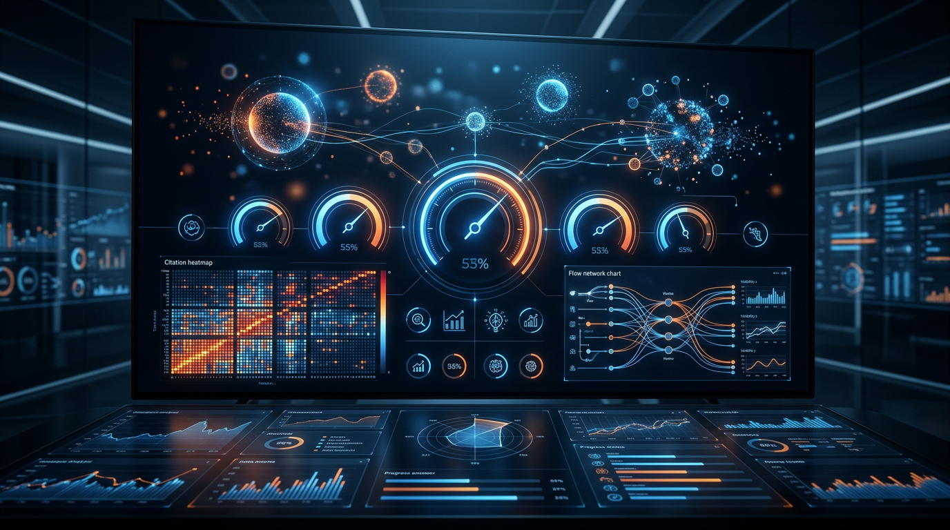 Dashboard für KI-Sichtbarkeits-Audit mit Share-of-Answer, Heatmaps und Analysemetriken